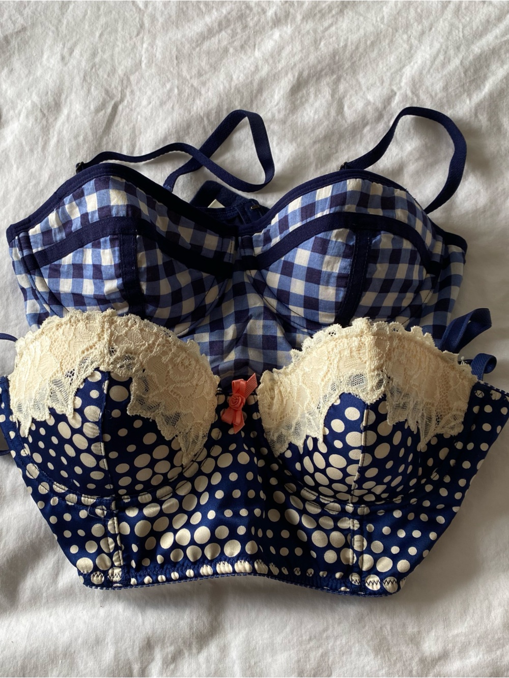 Two Eloise bras Navy Blue Gingham and Polka Dot Lace size 34B
